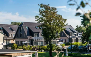 Modern vacation accommodation in the Ahrenshoop Dune Park Sunshades and trees against a clear blue sky backdrop.