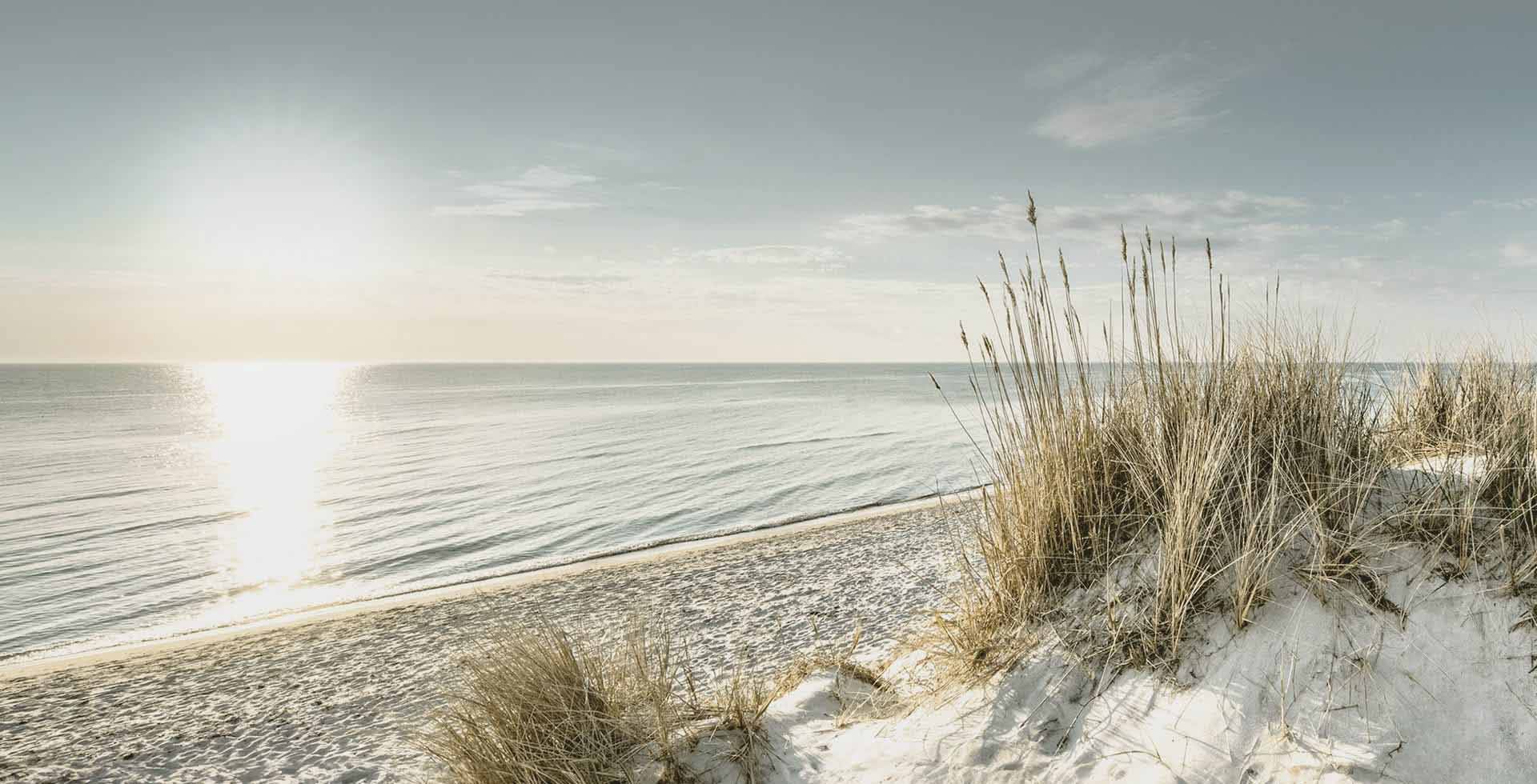 Sunset by the Baltic Sea with a view of the calm sea and dune landscape in the foreground.