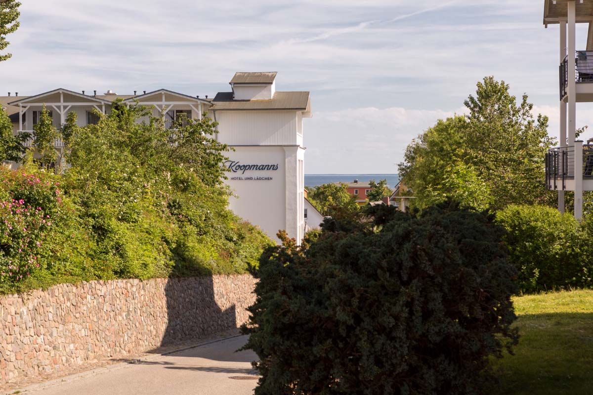 Access to the Koopmanns Hotel &amp; Lädchen on Rügen, surrounded by green bushes and a stone path.