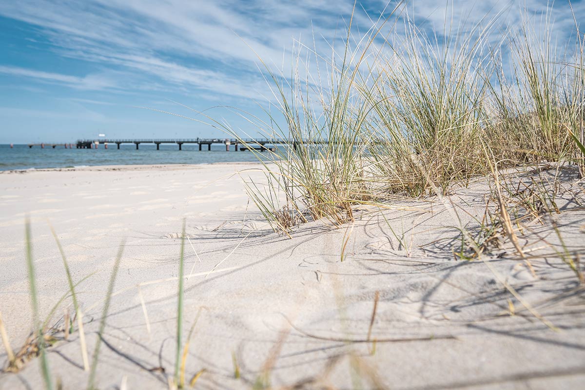 Feiner Sandstrand mit Gräsern und Blick auf eine Seebrücke an der Ostsee vor dem Vju Hotel mit zahlreichen Urlaubsangeboten.