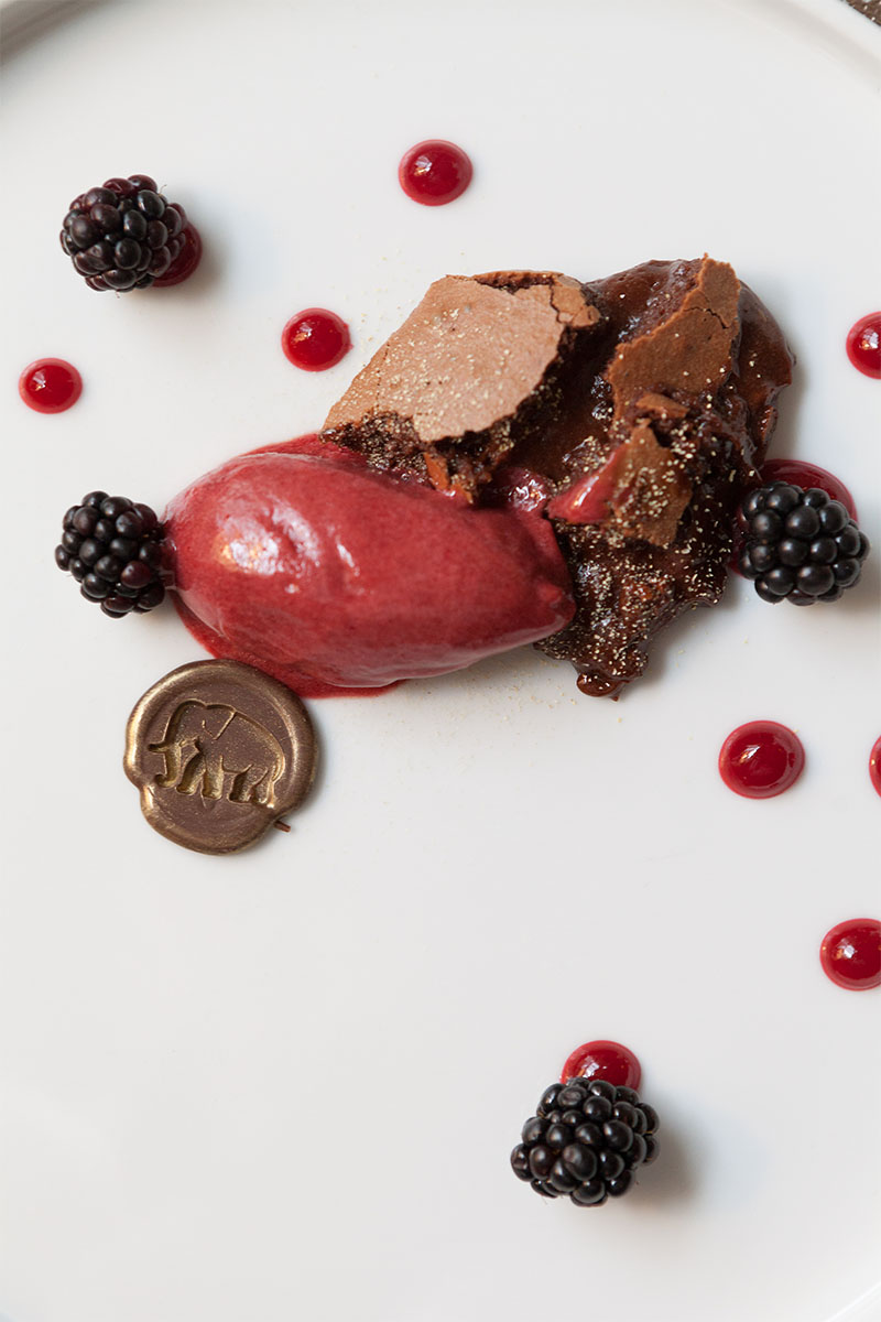 Artfully prepared dessert with chocolate mousse, berry sorbet, fresh blackberries and red sauce dots.