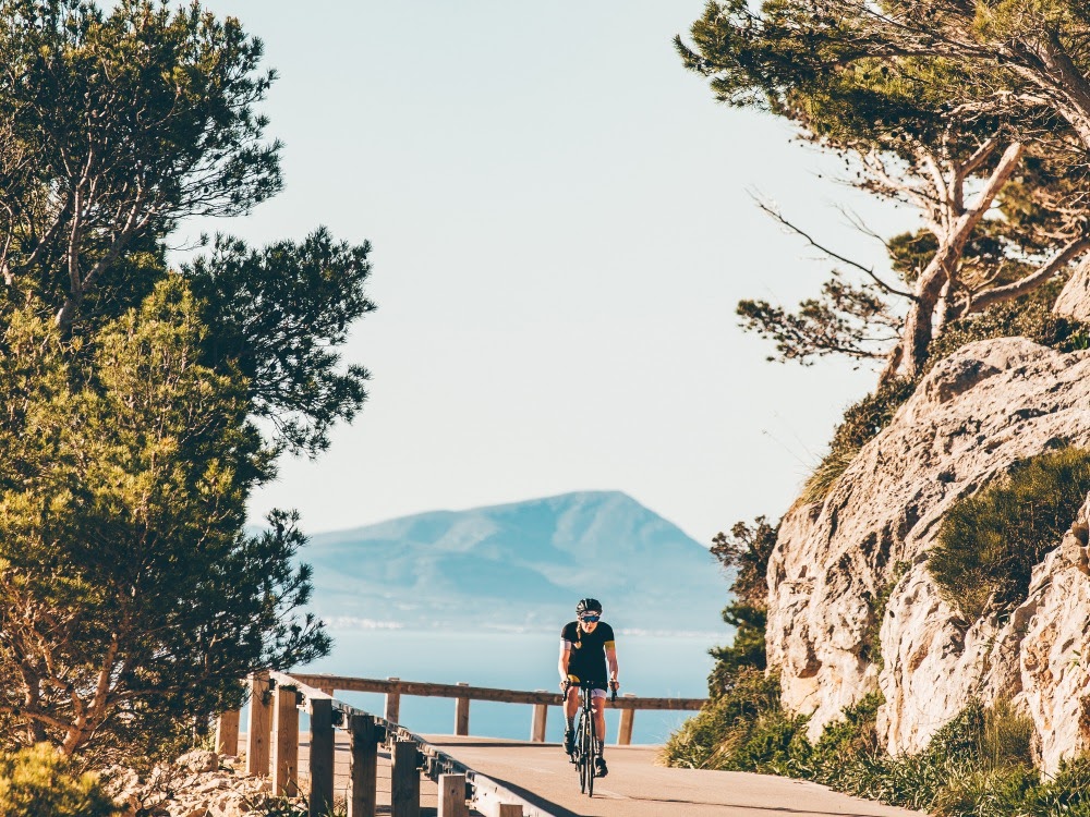 Ein Radfahrer fährt auf einer Straße, die von Bäumen gesäumt ist, mit Blick auf ein Bergpanorama im Hintergrund.