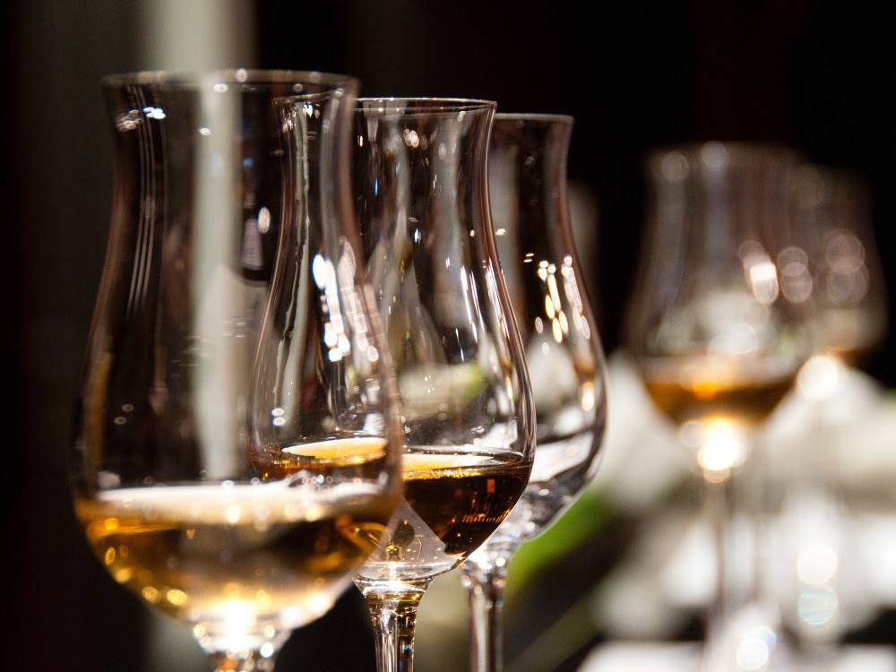 Eine Reihe von Weingläsern, gefüllt mit goldenem Wein, auf einem gedeckten Tisch, bereit für eine Verkostung.