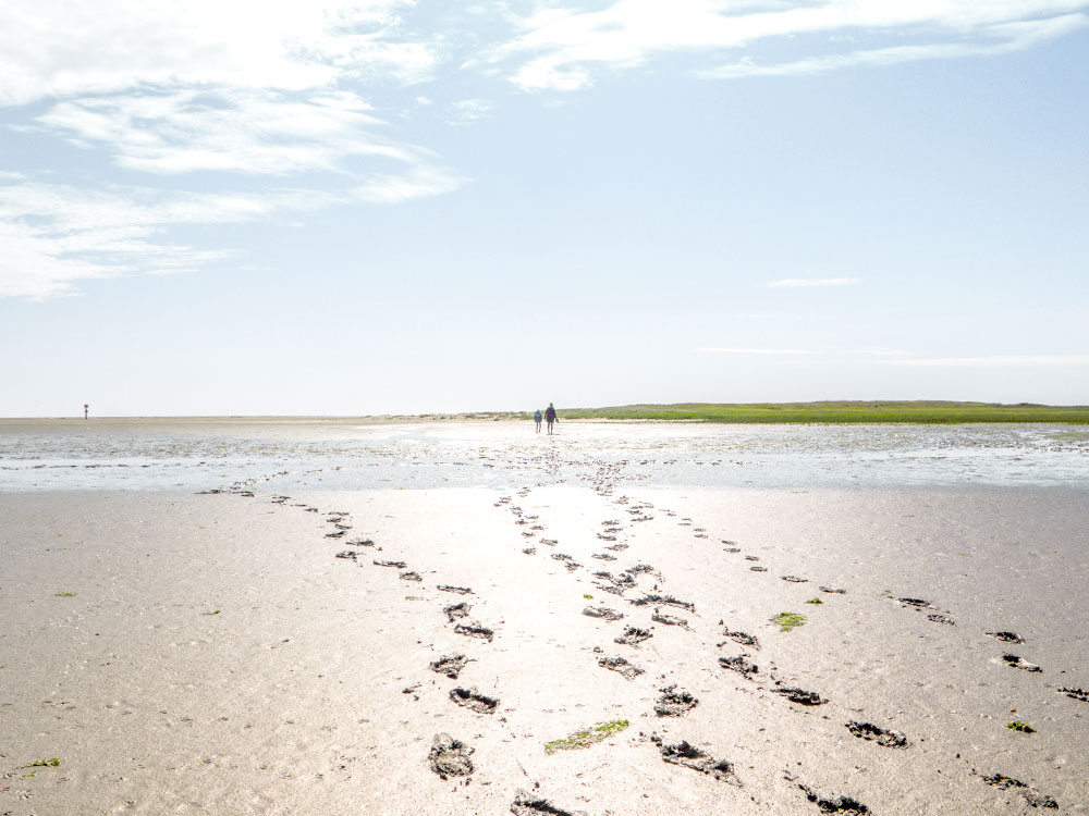 Fußspuren führen über den hellen Sand, während zwei Personen in der Ferne über den Strand spazieren.
