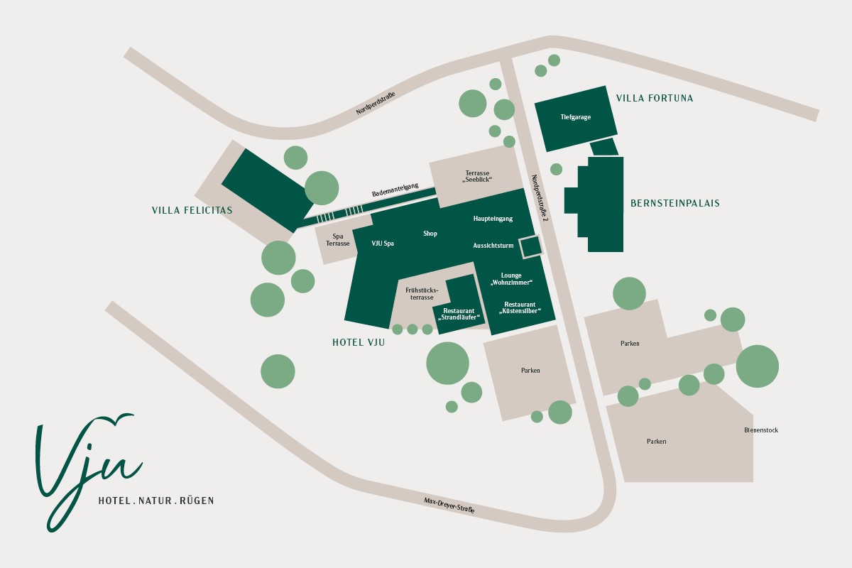 Lageplan des Vju Hotel auf Rügen in grün und grau.