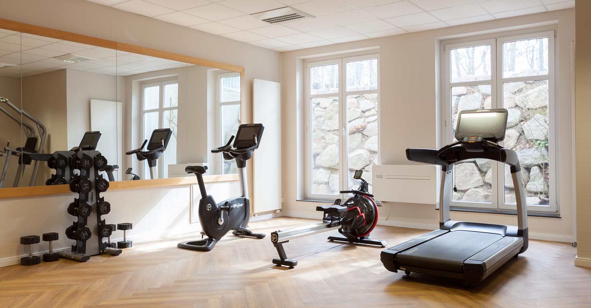 Lichtdurchfluteter Fitnessraum im Vju Hotel auf Rügen mit moderner Ausstattung, darunter Hanteln, Laufband und Ergometer.