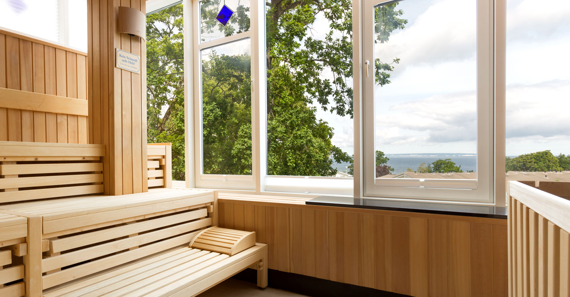 Moderne Sauna im Vju Hotel auf Rügen, ausgestattet mit Holzbänken und großen Fenstern, die einen Blick ins Grüne und aufs Meer bieten.
