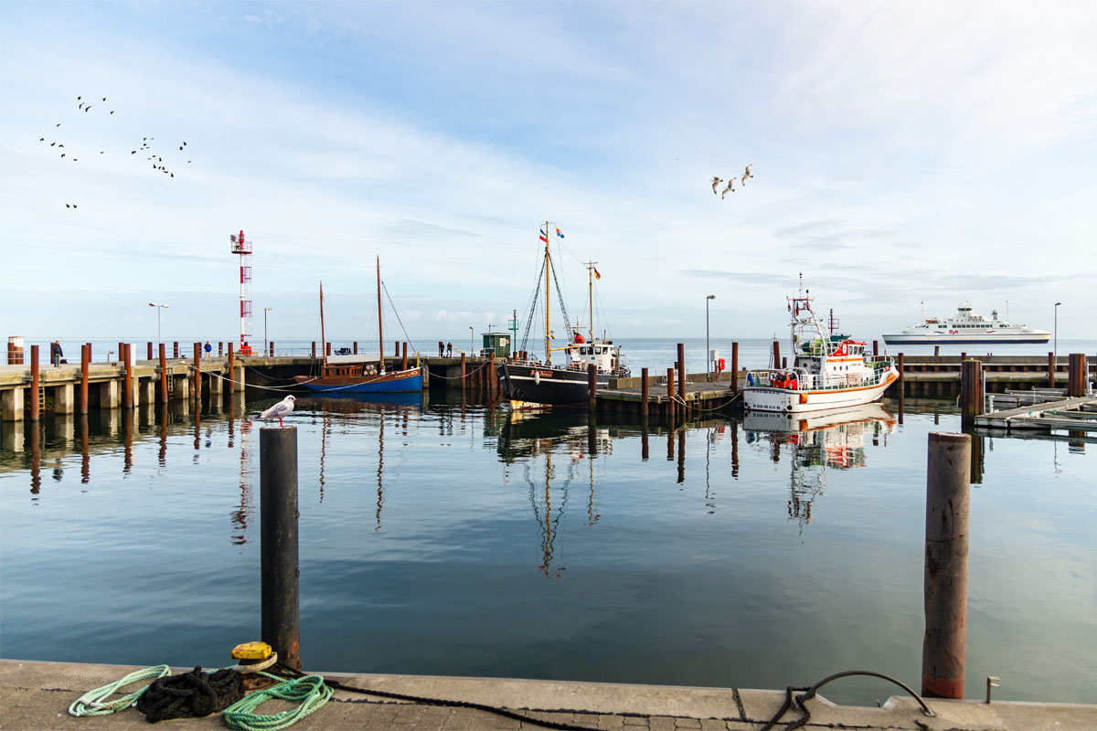 Boote im Hafen vor der Küste von Sylt, mit Möwen im Himmel und ruhigem Wasser zu sehen bei Anreise mit der Fähre.